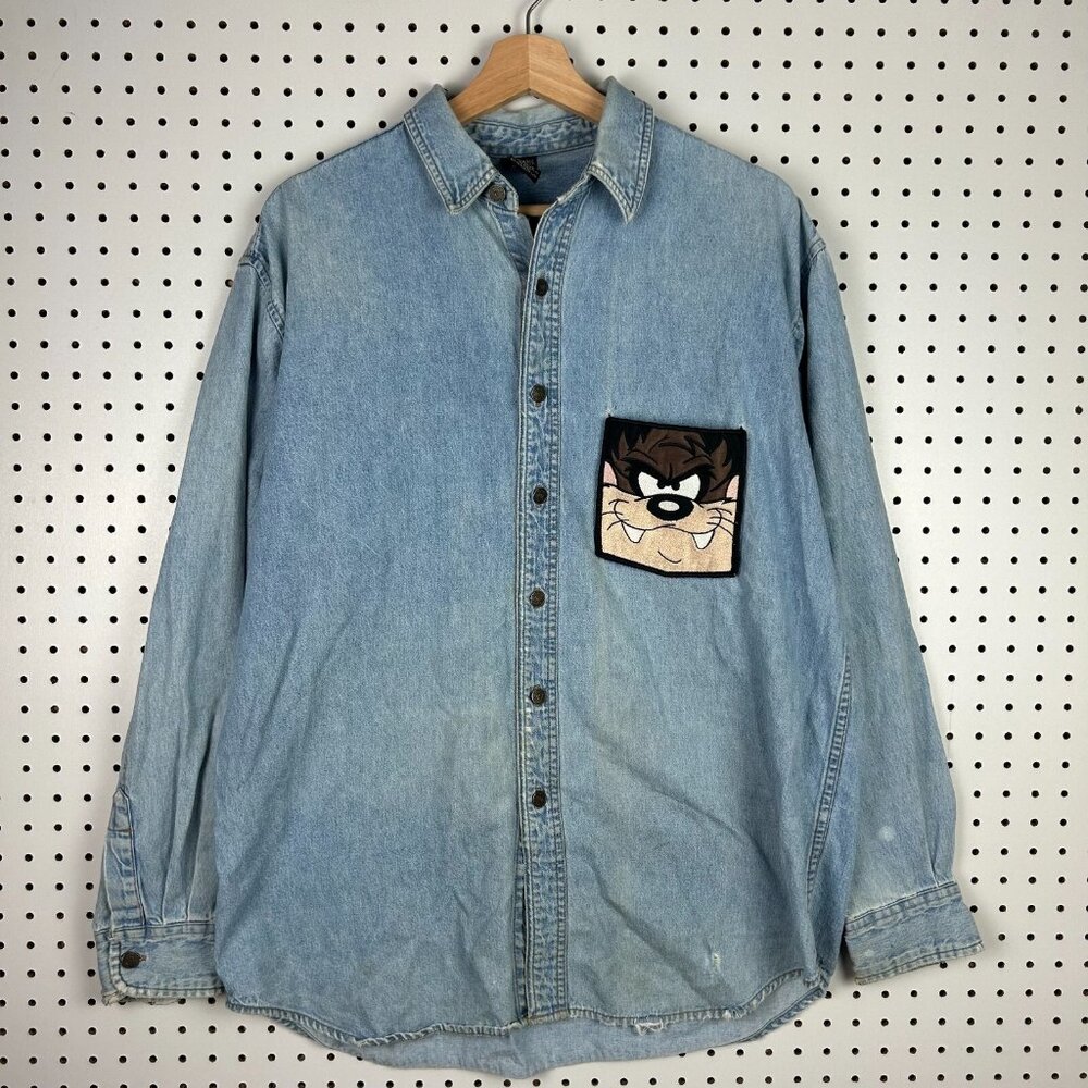 Vintage Taz Denim Long Sleeve Shirt Medium 90s Distressed Worn Costume Warner